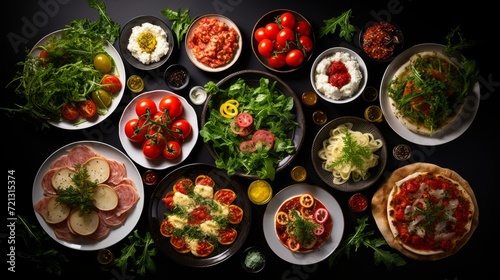 Top view of a full table of Italian dishes on plates  pizza  salads  vegetables  snacks on a black background.