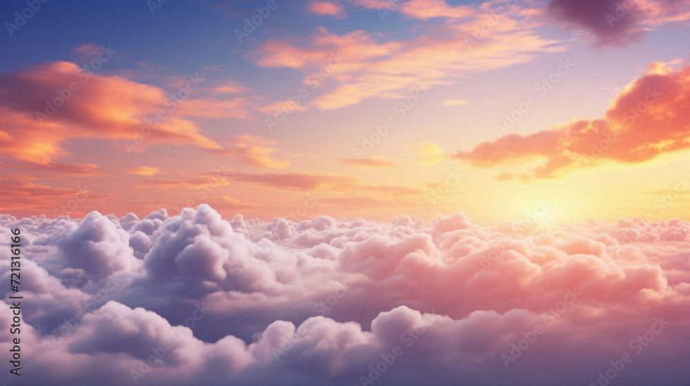 Beautiful aerial view above clouds at sunset .