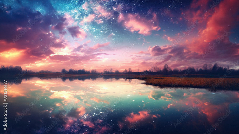 Fantasy landscape with a lake and the sky reflected in the water