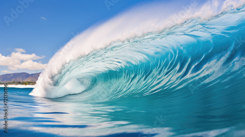 Surfing ocean wave. Blue ocean wave with blue sky background .