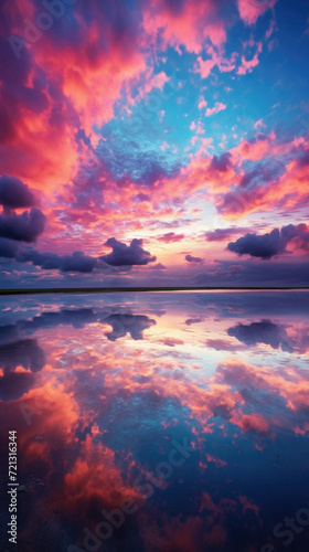 Beautiful sunset over the lake. Colorful clouds reflected in water .