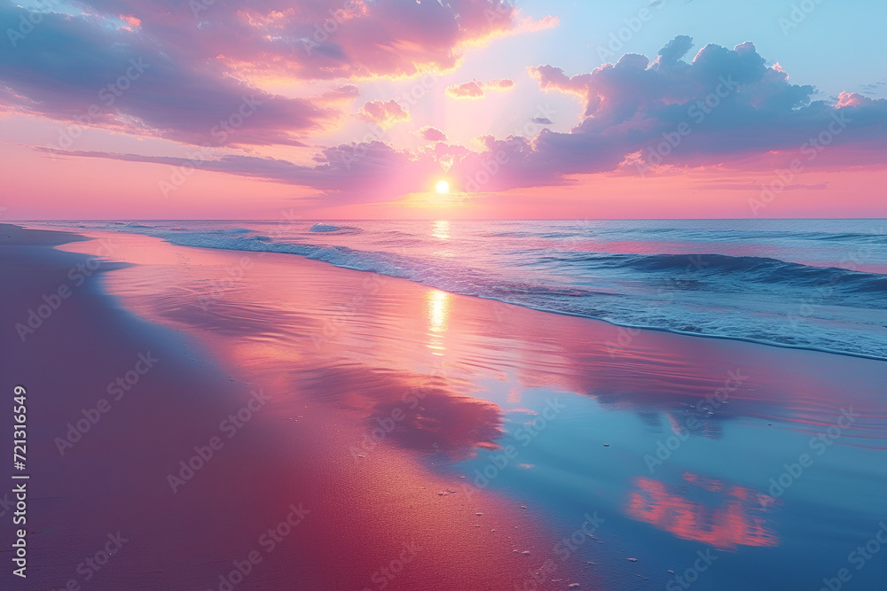 A serene beach at sunset with golden sand and a pastel-colored sky. Created with generative AI.