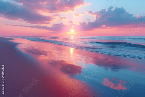 A serene beach at sunset with golden sand and a pastel-colored sky. Created with generative AI. © Hustle Organisation