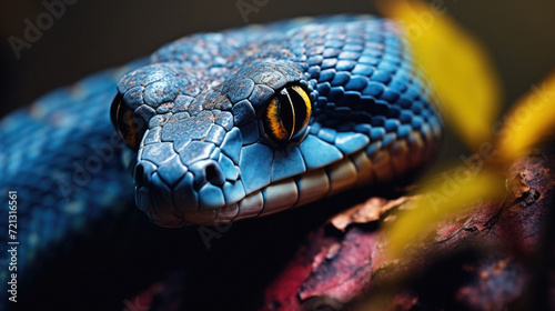 Close-up of a dark blue snake on a tree branch .