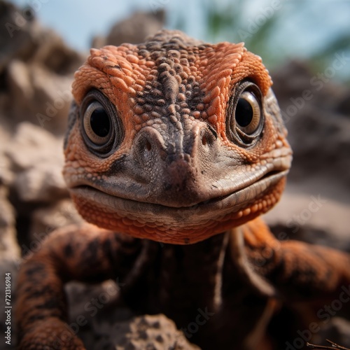 Close up view of a baby dinosaur watching closely into the camera
