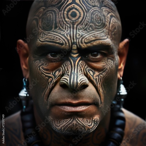 Closeup portrait of tattooed Maori from New Zealand