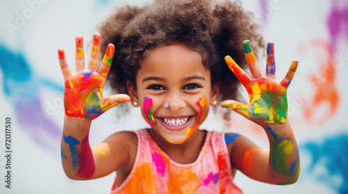 Happy african american little girl with hands painted in bright colors