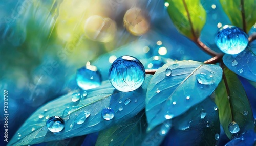 water drops on a leaf.an enchanting illustration featuring transparent water droplets clinging to lush blue leaves, illuminated by a gentle sun glare. Infuse a sense of magic and wonder into the scene