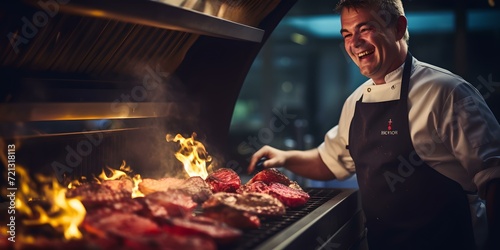 Professional chef joyfully grilling meat on a flaming grill in a modern restaurant kitchen. culinary arts in action captured in warm tones. AI