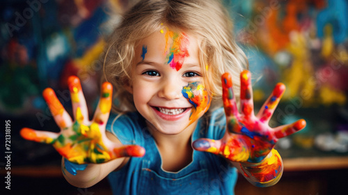 Portrait of cute little girl with hands painted in bright colors .