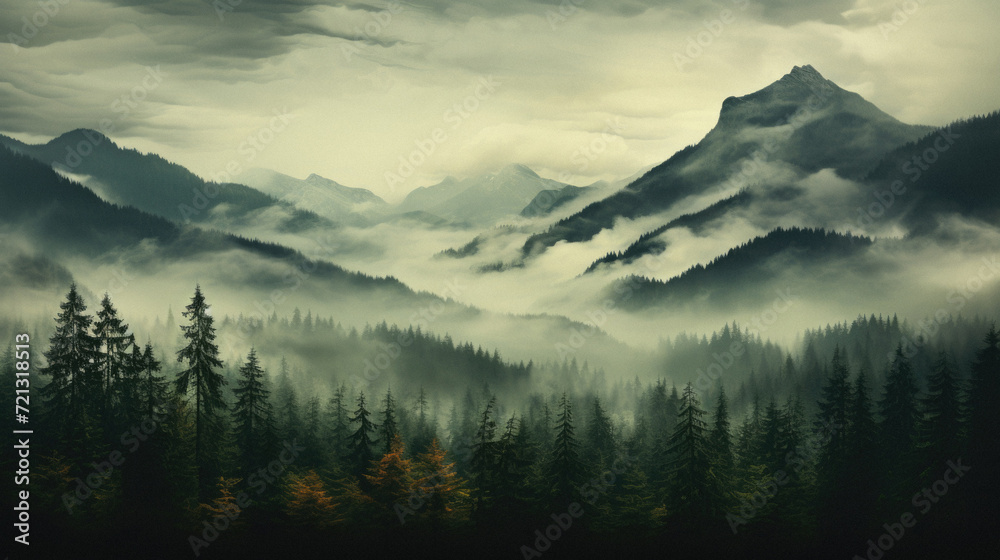 Foggy landscape in the mountains with coniferous forest .