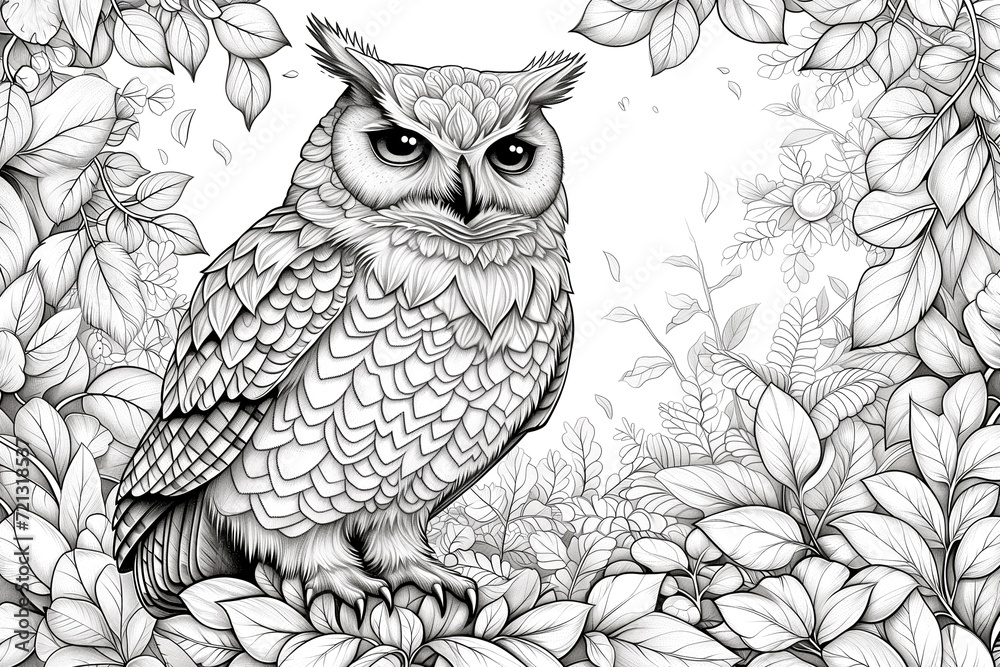 Naklejka premium Coloring Page of an Owl, Animal Coloring Page