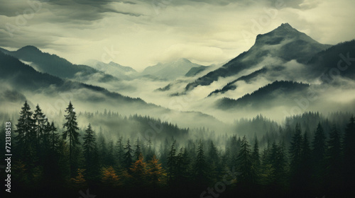 Foggy landscape in the mountains with coniferous forest . © Art AI Gallery