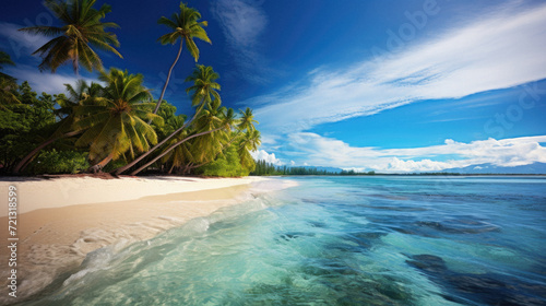 Tropical beach with palm trees at Seychelles .