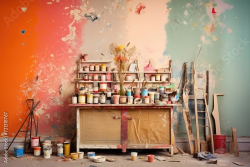 Vibrant Renovation Scene with Paint, Tools, and Colorful Wallpaper Samples Adorning the Walls