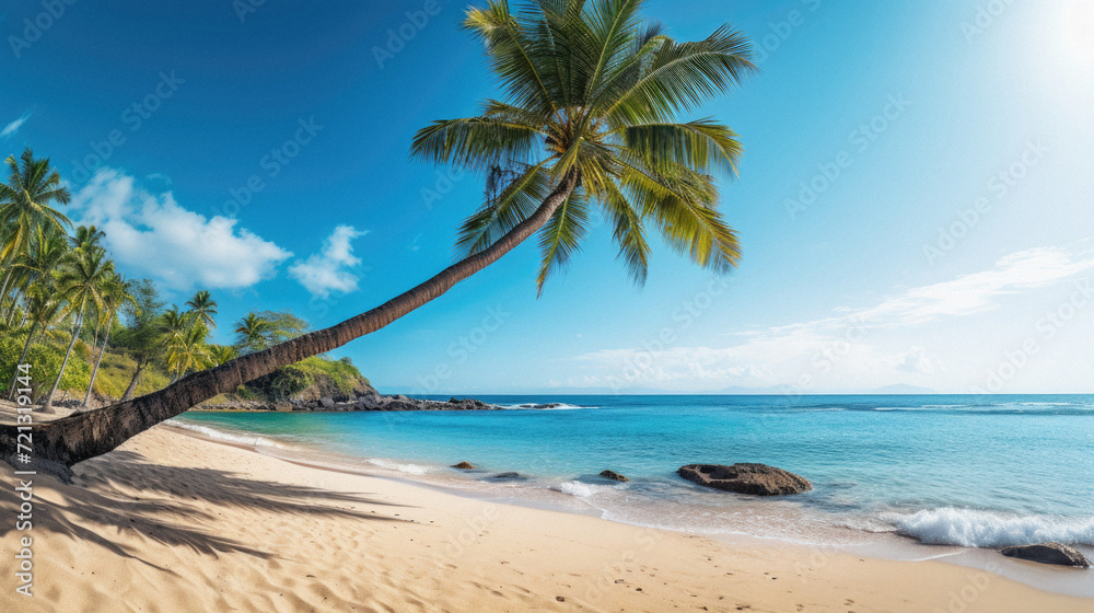 Fototapeta premium Tropical beach with coconut palm tree, Seychelles