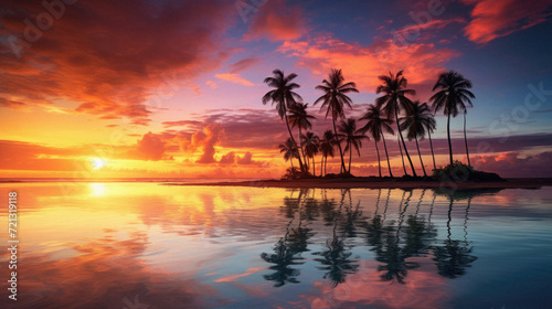 Palm trees on the beach at sunset with reflection in the water