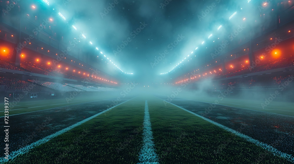 Ethereal empty stadium with bright lights at night. mysterious and atmospheric football field. conceptual sports background with fog. AI