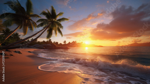 Beautiful sunset on the beach with palm trees in the foreground . © Art AI Gallery