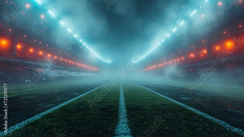 Ethereal empty stadium with bright lights at night. mysterious and atmospheric football field. conceptual sports background with fog. AI