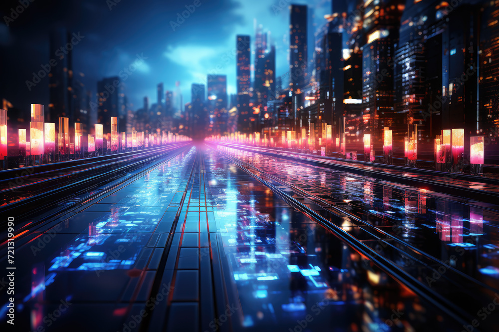 3D rendering of a futuristic city at night with lights and reflections