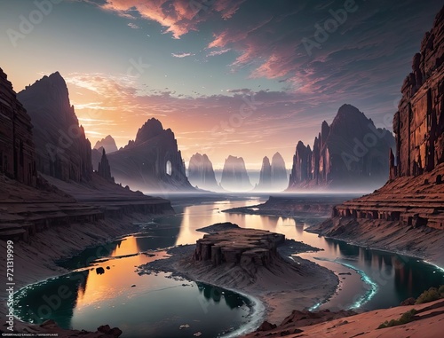 incredibly beautiful landscape with a mountain river. at sunrise. The bright colors of the ambient light are like something out of a game. © Артем Шостак