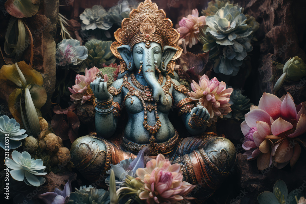 Ganesha statue with flowers and plants. Ganesha is a Hindu god Ganesha statue with flowers and plants. Ganesha is a Hindu god