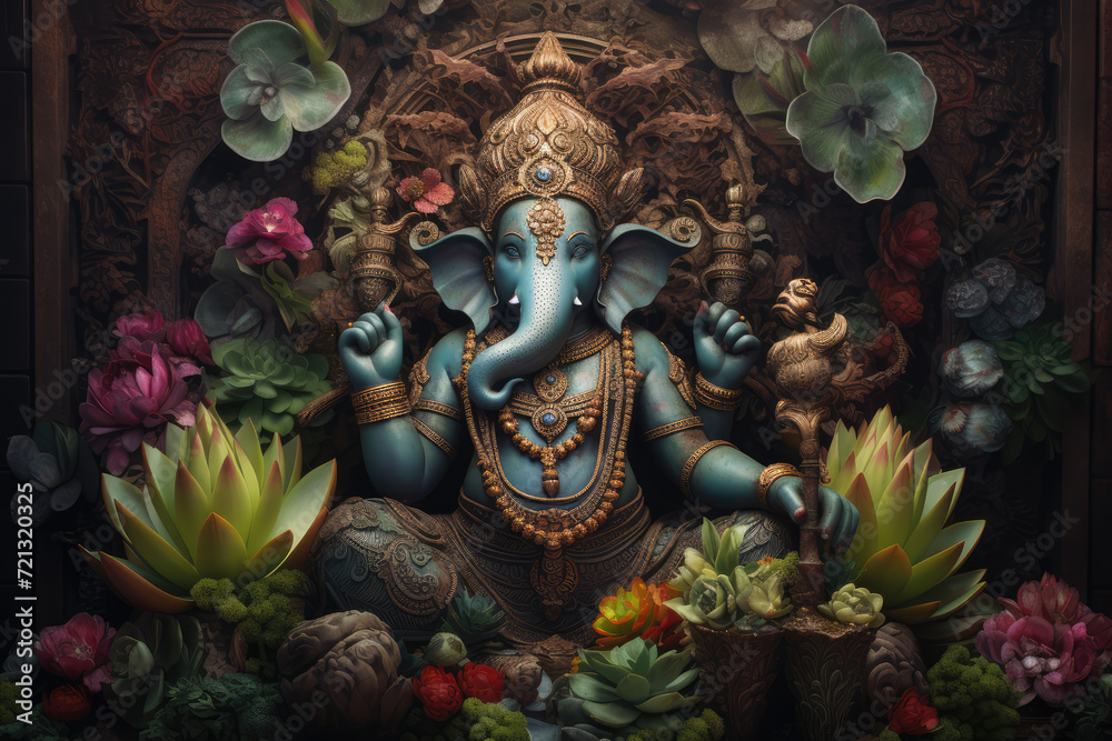 Ganesha statue with flowers and plants. Ganesha is a Hindu god