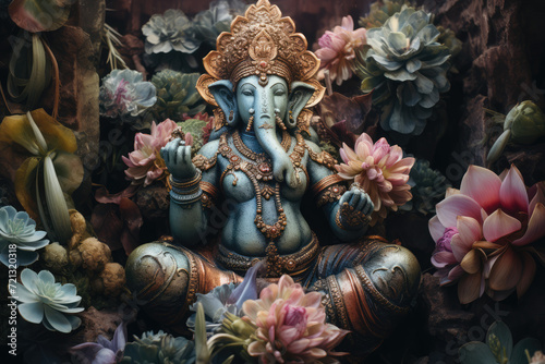Ganesha statue with flowers and plants. Ganesha is a Hindu god
