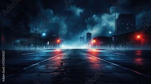 Night city street with lights, cars and buildings in fog . © Art AI Gallery