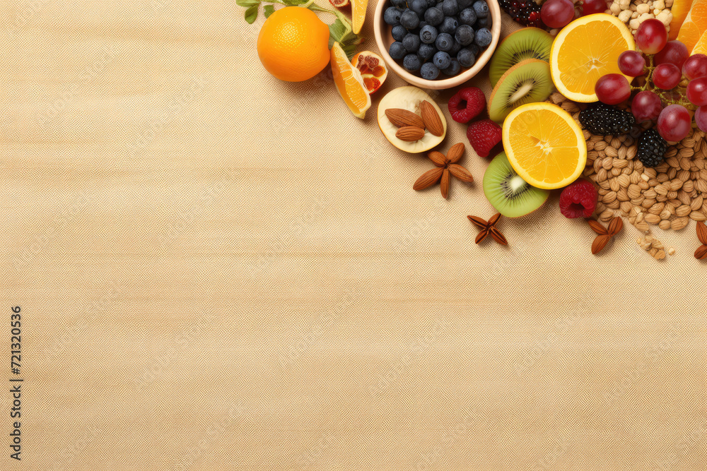 Healthy food background with nuts, fruits and berries. Top view with copy space