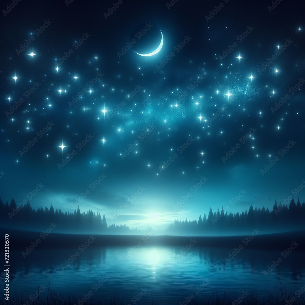 Crescent Moon and Stars over Serene Lake Crescent Moon and Stars over Serene Lake