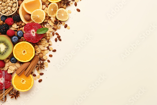 Healthy food background with nuts, fruits and berries. Top view with copy space