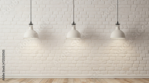 Of lamps in a room with white brick wall .