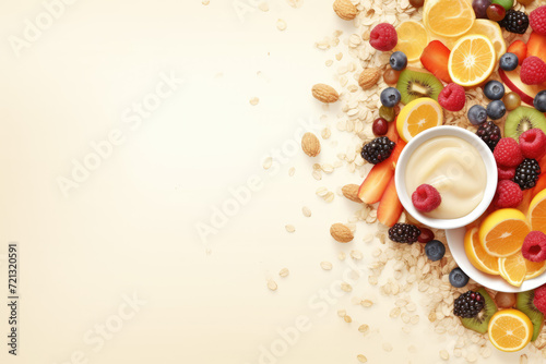 Healthy food background with nuts  fruits and berries. Top view with copy space