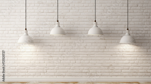 Of two white lamps hanging on the white brick wall