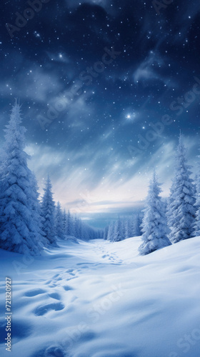 Winter landscape with snowy fir trees and starry sky. Christmas background