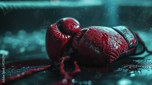 on the rigne after the fight. two boxing gloves in sweat and blood lying on the floor. unwrapped hand bandages. dramatic lighting. Generative AI photo