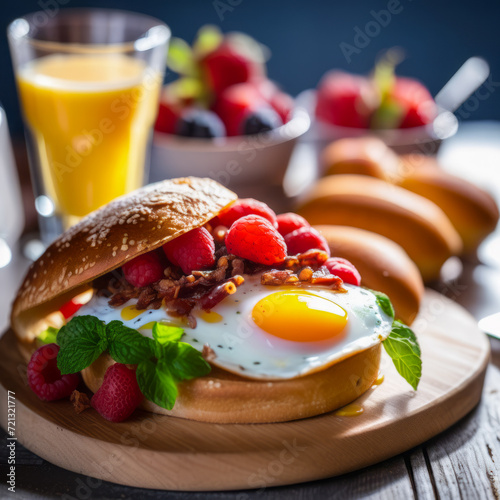 Top view of a nutritious breakfast with eggs on a board