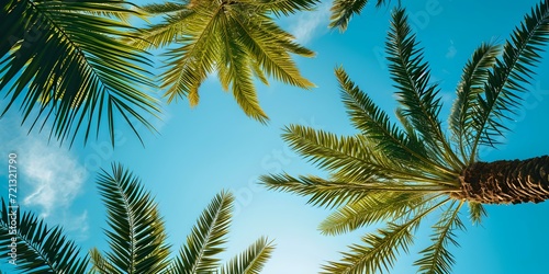 Tropical paradise view through palm leaves under a clear blue sky. perfect for travel and nature themes. serene and relaxing. AI © Irina Ukrainets