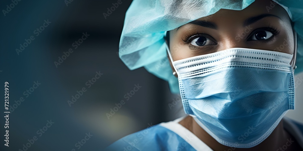 Focused healthcare professional in scrubs. portrait of a dedicated nurse with a mask. capturing the essence of compassion and expertise in medical care. AI Focused healthcare professional in scrubs. portrait of a dedicated nurse with a mask. capturing the essence of compassion and expertise in medical care. AI
