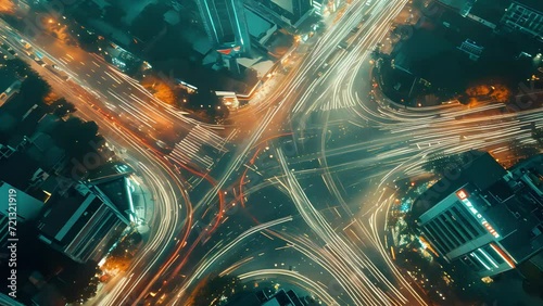 an aerial view of a busy intersection in a large metropolis. a timelapse of traffic turning into bright lines. the dynamics of life. Generative AI photo