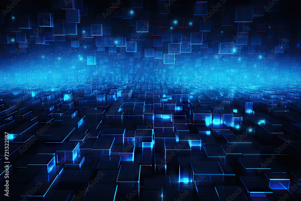 abstract technology background with blue glowing lines and grid, 3d render