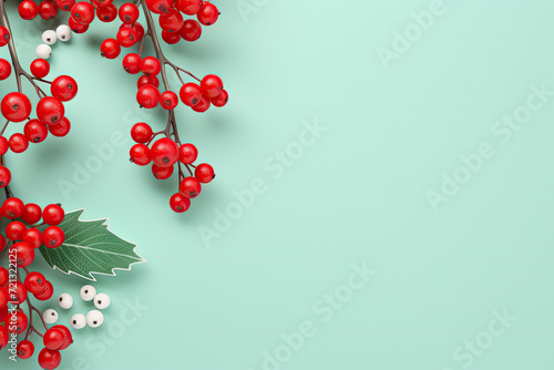 Christmas background with holly leaves and white beads  3d render