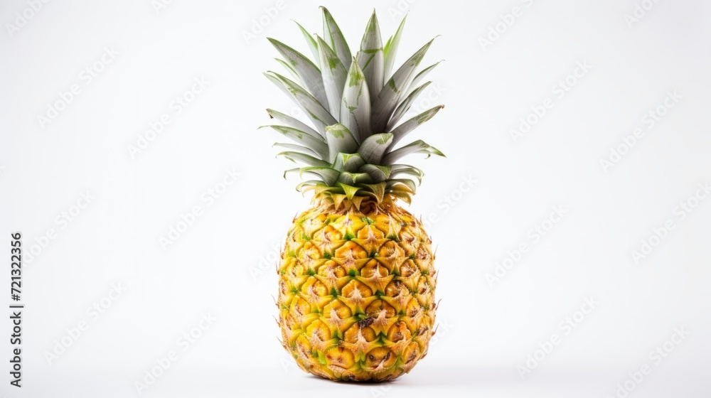 Close-up of a ripe whole raw pineapple with leaves on a white isolated background with a copy space. Exotic Fruits, food concepts.