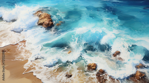 Aerial view of ocean waves breaking on the beach. Natural background © Art AI Gallery