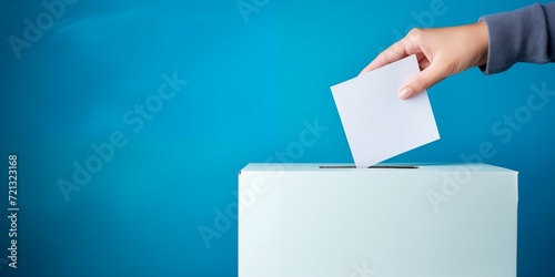 the woman lowers the ballot into the ballot box.  the concept of voting and democratic values.  copy space photo