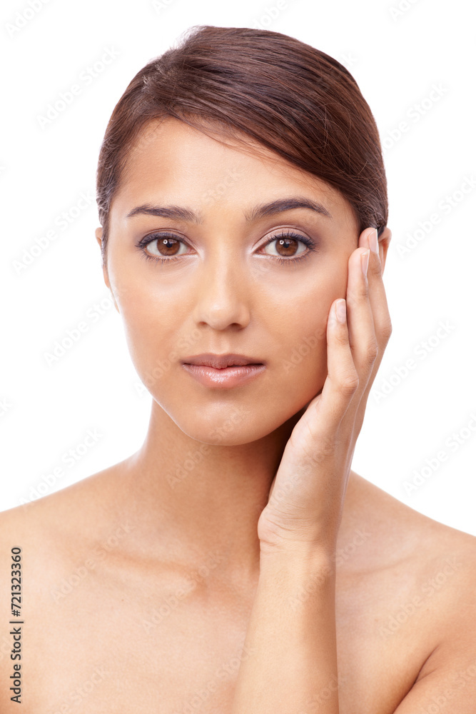 Portrait, cosmetics and woman with skincare, makeup and glow isolated on a white studio background. Face, Indian person and model with shine and dermatology with healthy skin, smooth and aesthetic