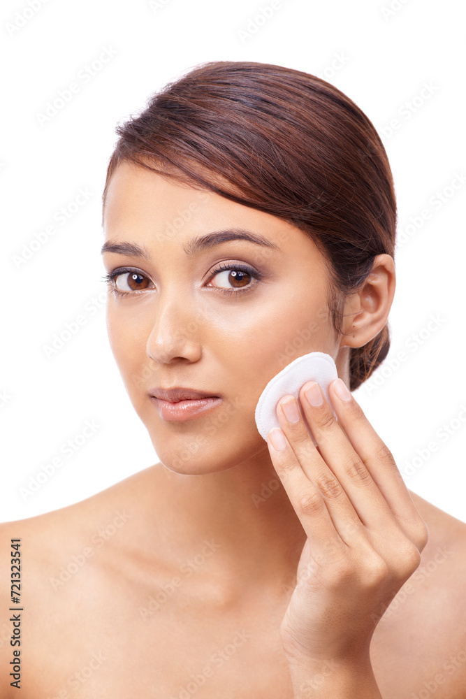 Woman, cotton pad and beauty with portrait, face and model for skincare, cosmetics on white background. Makeup, beautiful and headshot with shine, apply or clean for glow, dermatology or toner