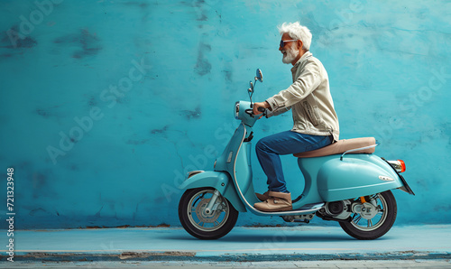 A gray-haired  bearded elderly man rides a scooter posing sideways on an isolated blue background